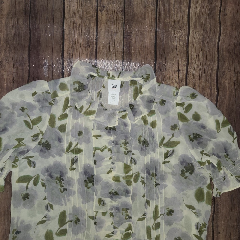 Cabi Printed Cherish Blouse Womens S Sage Green Sheer Cottagecore Romantic - Picture 6 of 10